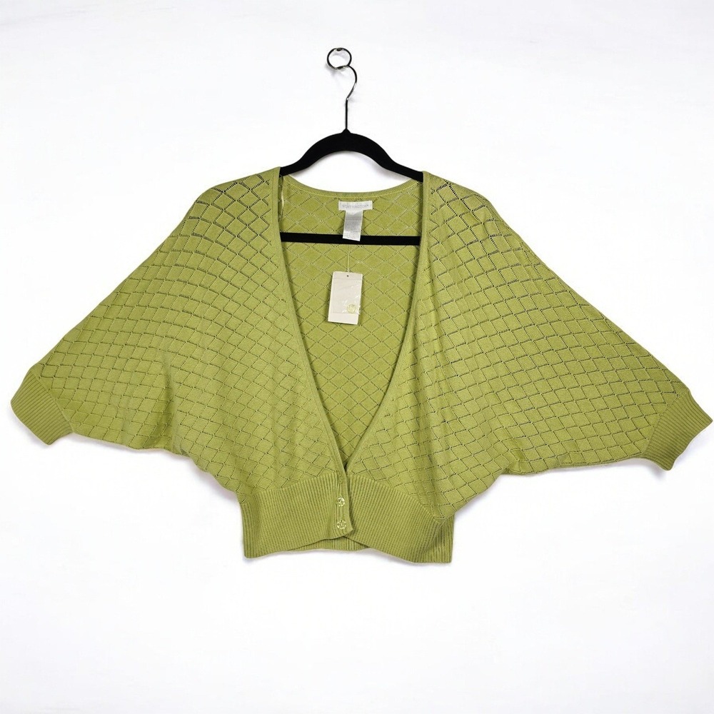 Worthington Cardigan Sweater Women Large Lime Green Diamond Knit Batwing Sleeve